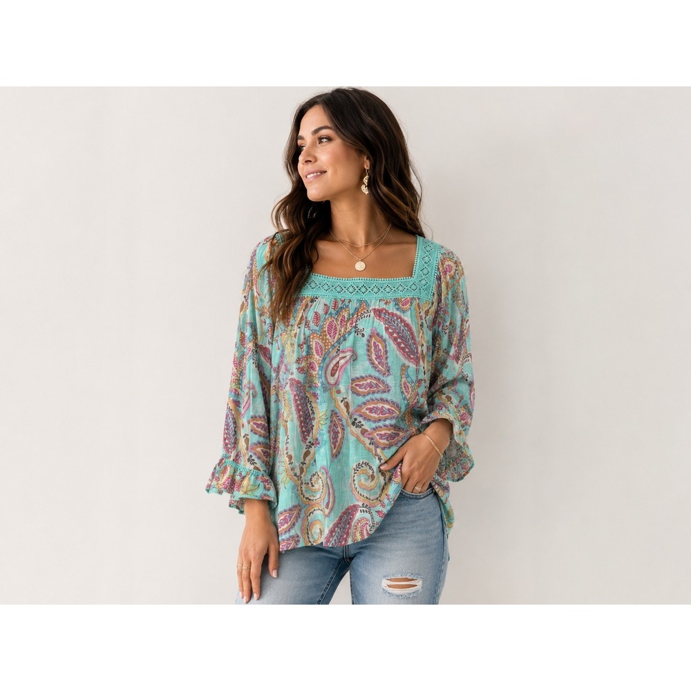 Zac & Rachel Womens Teal Paisley Crochet Square Neck Ruffle‎ Bell Sleeve Blouse